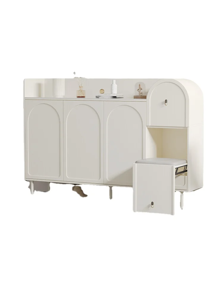 

Hxl Cream Style Shoe Cabinet Stool Integrated Small Apartment Large Capacity Entrance Cabinet