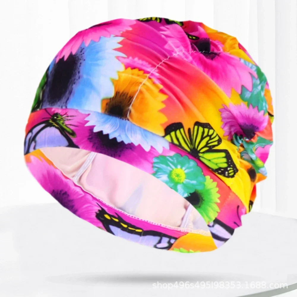 1PC High Elastic Swimming Cap Men Women Free Size Solid Flowers Printed Long Hair Sports Swim Pool Hat Nylon Turban 6