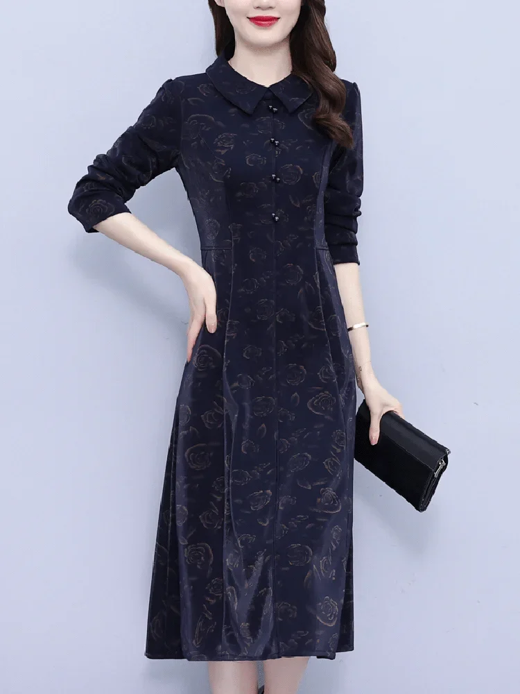 Autumn Winter Blue Long Sleeve Midi Dress Women Elegant