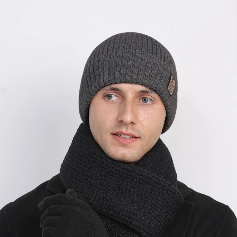 Winter Accessories Men's Three-Piece Fleece Scarf Neck Guard Knitted Beanie Riding Windproof Hat
