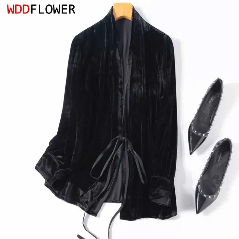women-silk-shirt-100-mulberry-silk-velvet-solid-color-black-v-neck-long-sleeve-tie-cardigan-coat-top-blouse-office-lady-m1044
