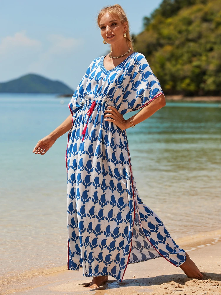 

Bikini Cover Up Rayon Beach Dresses for Women 2022 Blue Kaftan Tunic Seaside Bathing Suits Pareos De Playa Mujer