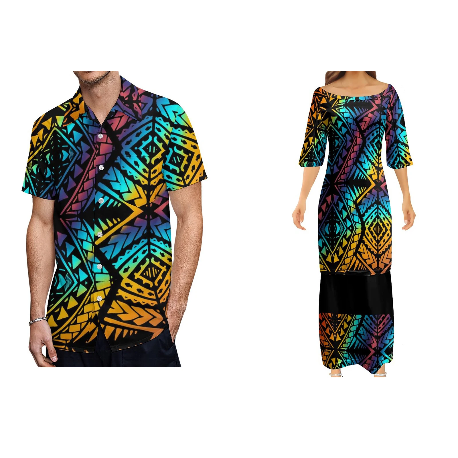 

Women Bare Shoulders Dresses Mermaid Skirt Plus Size Polynesian Tribal Print Couples Match Clothing Men Shirts 2 Piece Set