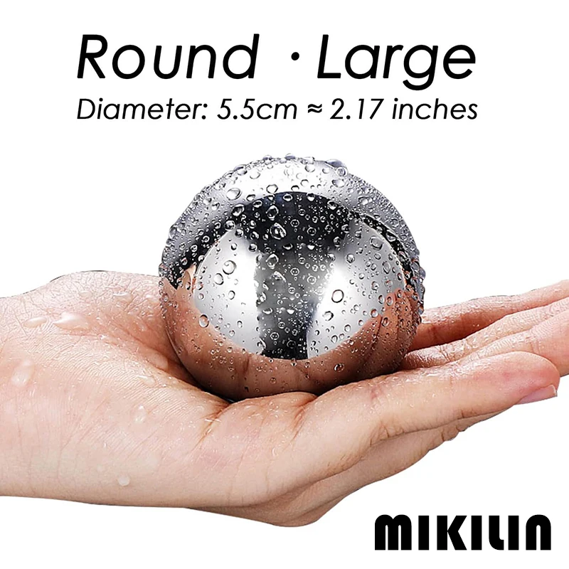 2 Reusable Whiskey Stone Balls - Stainless Steel Ice Cubes, 2.2" Diameter, Chill Drinks Without Water