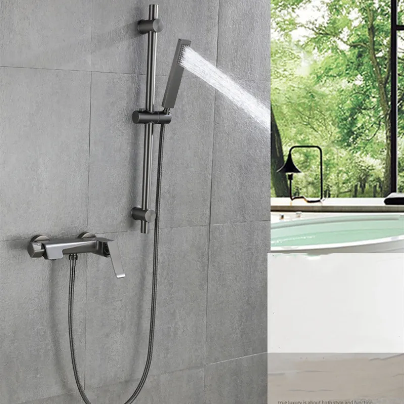 

Набор смесителей для душа, настенный серый Однорычажный набор из твердой латуни с золотистой щеткой для ванной комнаты