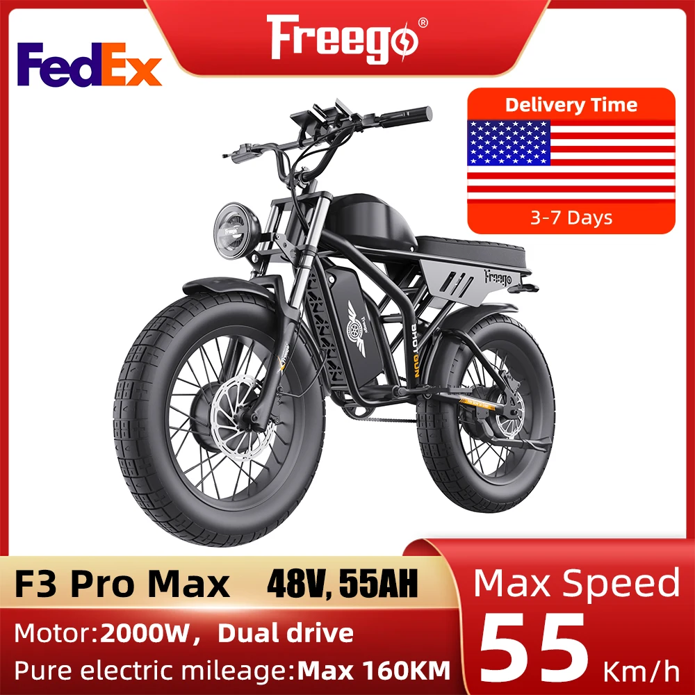 

Фэтбайк Freego F3 pro max, электрический велосипед для взрослых с толстыми шинами, 48 В, 55 Ач, Аккумуляторный электровелосипед, внедорожный Электрический мотоцикл, Диапазон действия 60-2000 миль