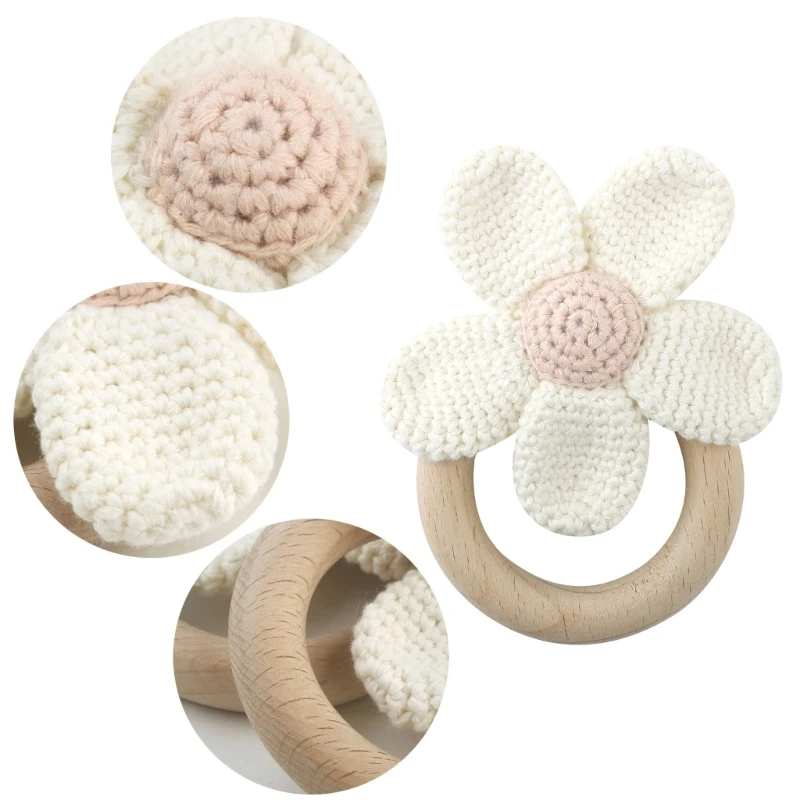

Baby Teether Toy Crochet Knitted Flower Teething Toy Wooden Teething Rings Baby Chewing Toy Newborn Infant Sensory Toy