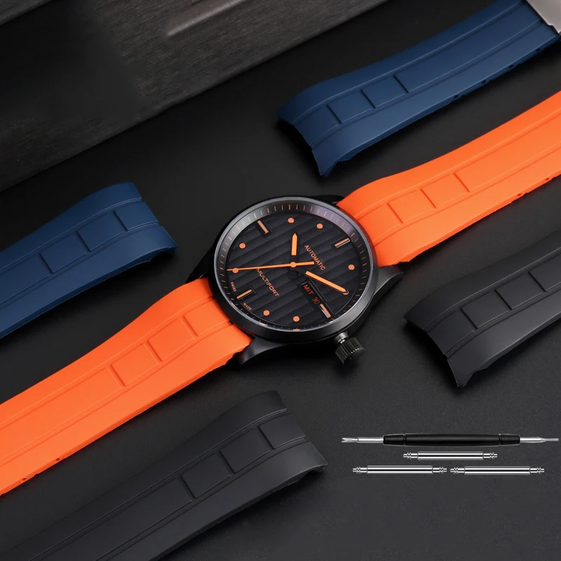 Premium Arc Mouth Watchband - Rubber Strap in Black, Orange, and Blue