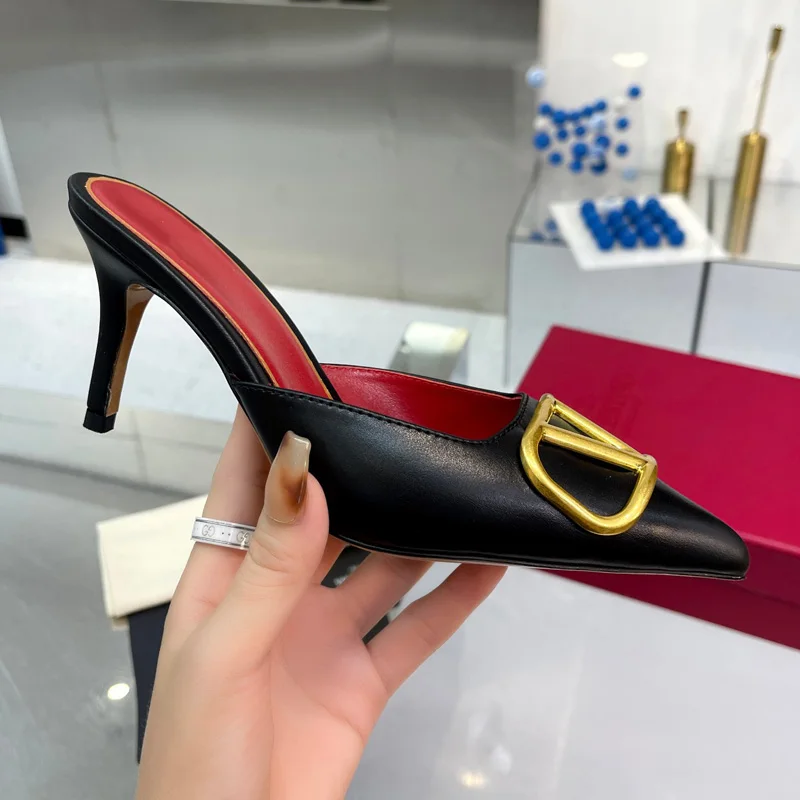 GPBD Designer High Heels Slipper For Woman Casual Fashion Metal Leather Matte Womens Sandal Real Leather Banquet Woman Shoes