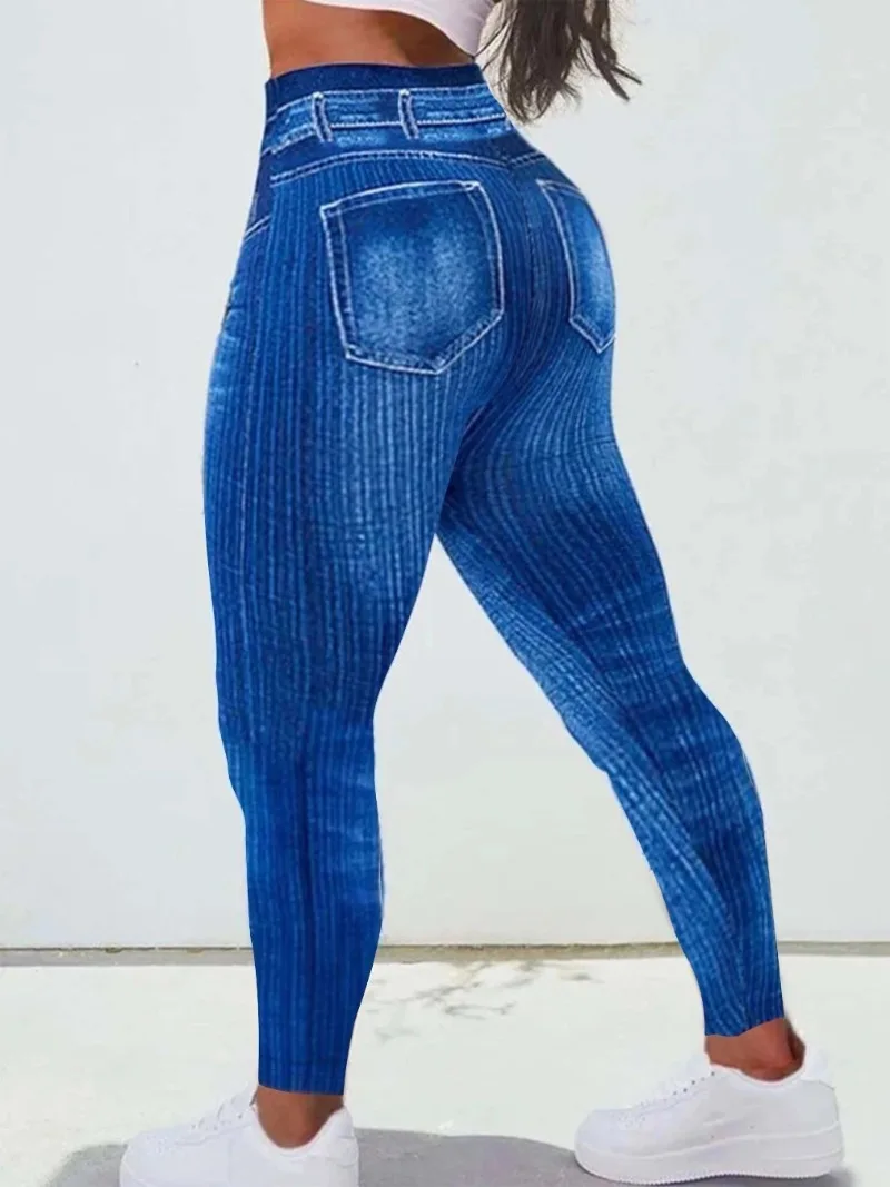 Plus Size 1XL-5XL Casual Leggings Women's Plus Denim Print Elastic High Rise Slight Stretch Leggings