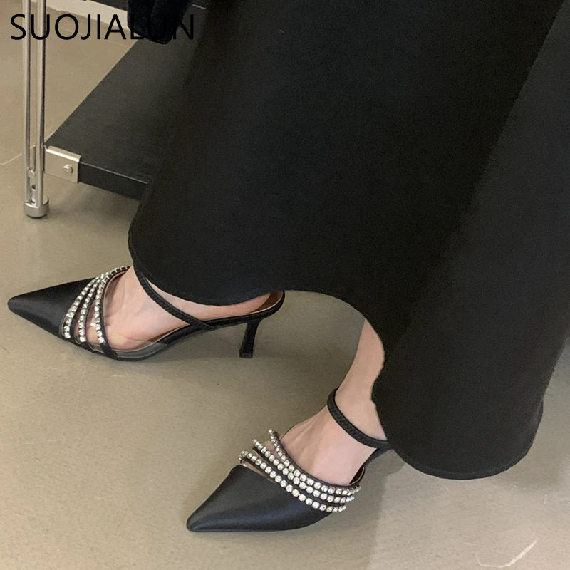 

SUOJIALUN Summer New Brand Women Slipper Fashion Pointed Toe Slip On Mules Shoes Crystal Thin High Heel Outdoor Dress Sandal