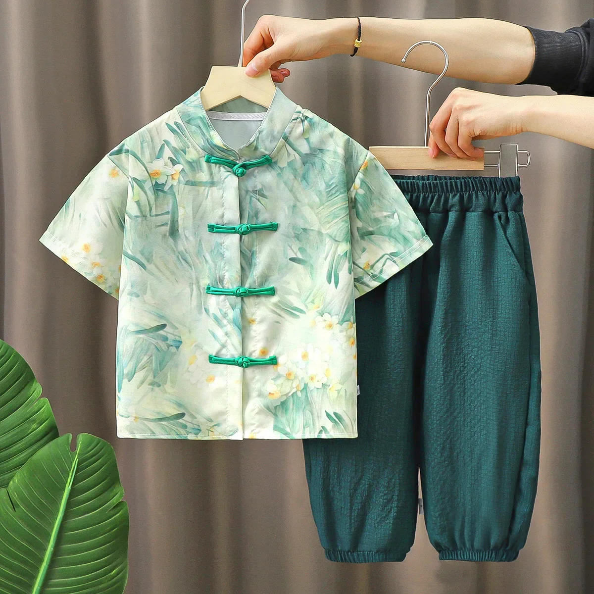 Boys' Chinese Style Set Western-style Summer Short Sleeved Capri Pants Chinese Style Frog Buttoned Printing Hanfu Tang Suit chinese traditional costume
