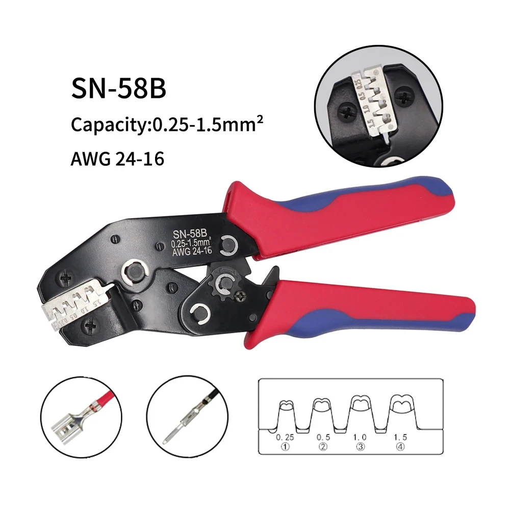 SN-58B Ratchet Crimping Plier Crimper Tool 0.25-1.5mm² AWG24-16for Dupont,TE,JST,Molex Terminal Wire Electrical Pliers