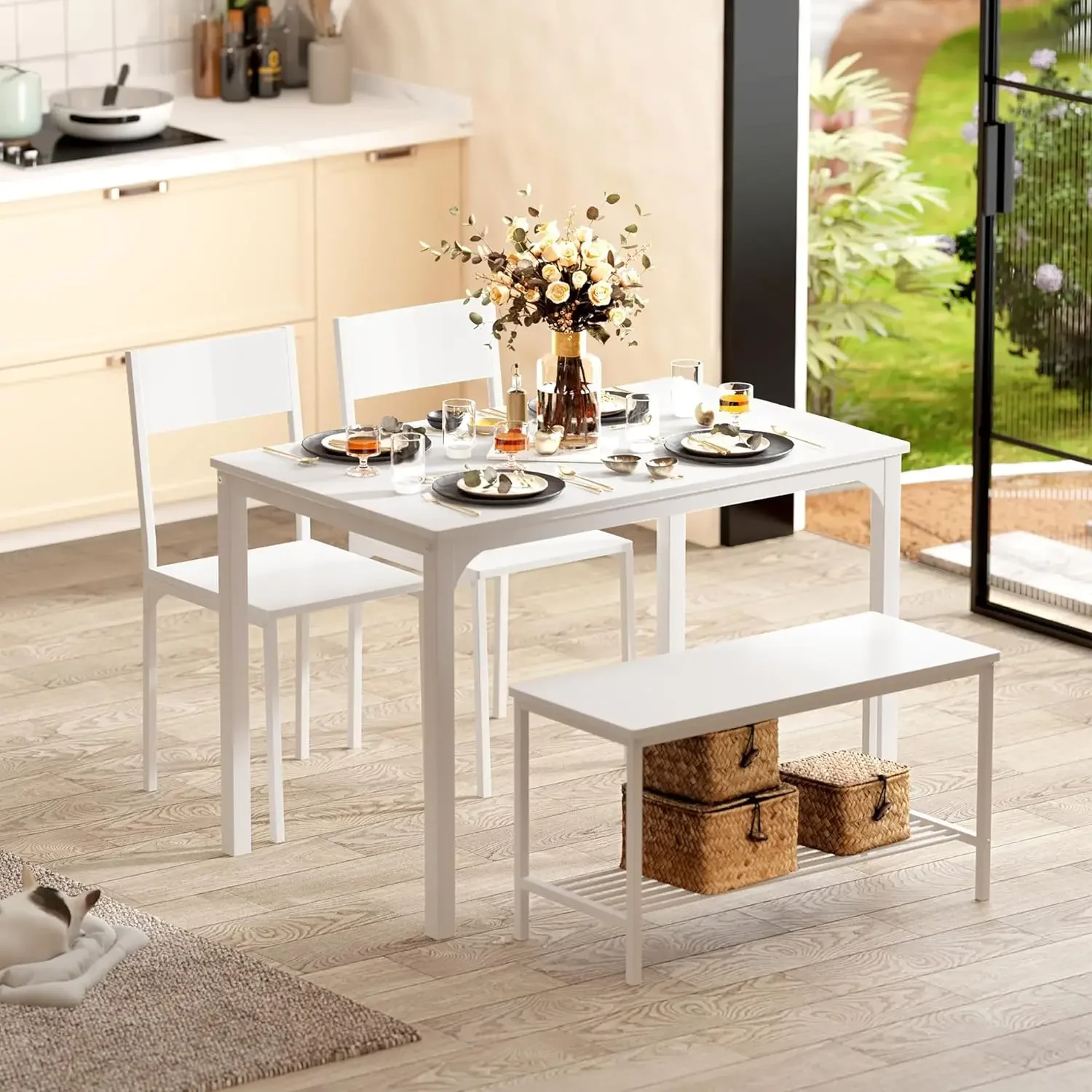 

Набор из 4 предметов, Обеденный набор, кухонный стол со скамейкой и стульями, кухонный обеденный стол со скамейками на 4, включая стол