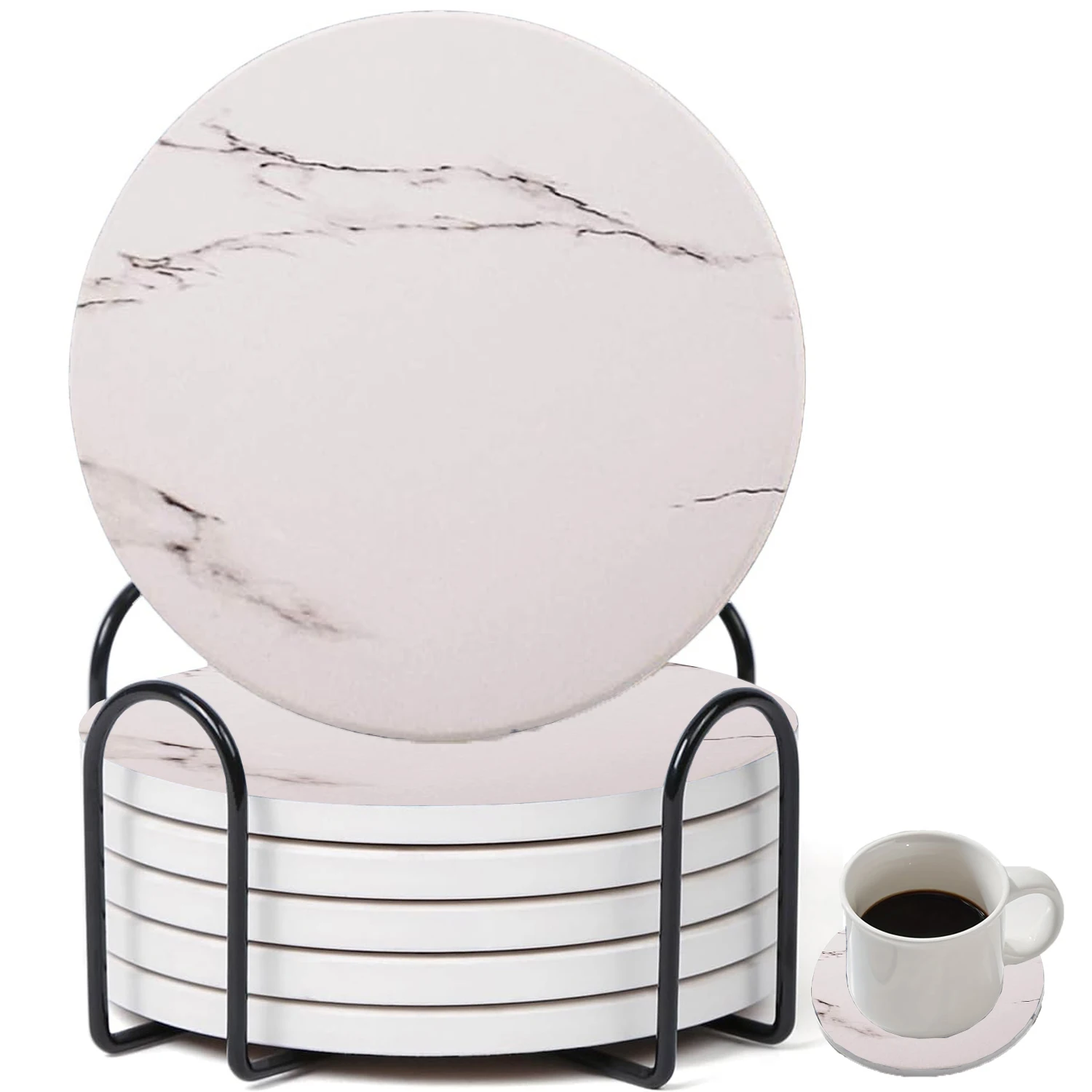 6 Pcs Ceramic Coasters Marble Style with Holder Absorbent Drink Coaster for Kinds of Cups Bar Kitchen Wooden Dining Table Decor