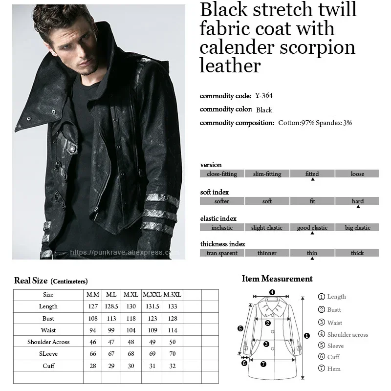 PUNK RAVE Men's Gothic Long Winter Black  Adjustable Jackets Punk Style Visual Kei Fashion Coat Hoodie Windbreaker Men 6