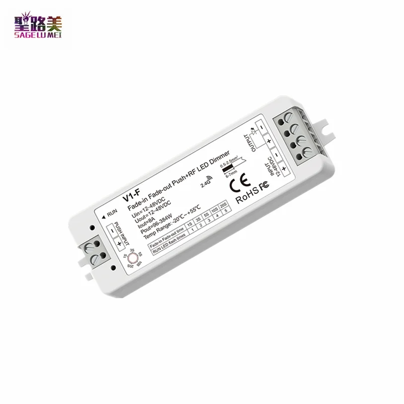 1CH*8A 12V-48VDC 24V CV Fade-in Fade-out LED Dimmer Push Dim V1-F 5 Fading Speed/Step-less Dimming For Single Color Strip Light