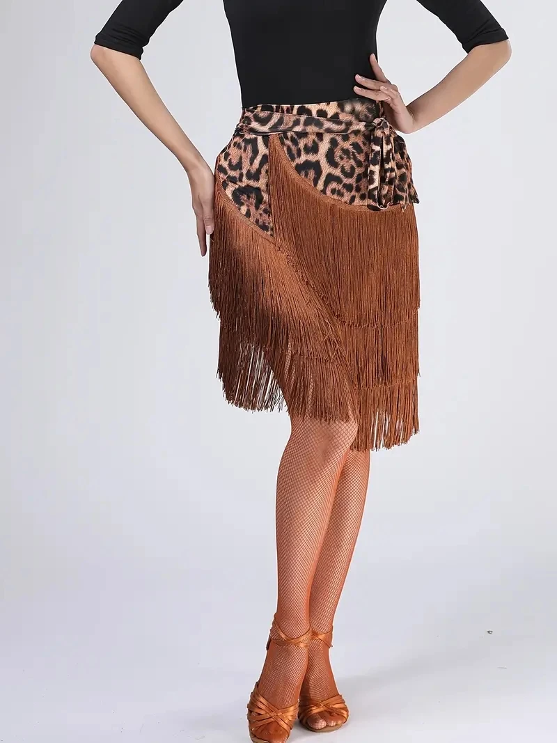 Fashion Leopard Print Hip Wrap Scarf Skirt Stretchy Asymmetrical Tassel Latin Tango Dance Ballroom Short Skirt, dance skirt