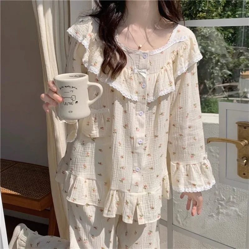 

Latest Princess Style Pajama Ladies Autumn Winter Pyjamas Lace Long Sleeve Lace Nightdress Square Collar Floral Home Wear Set