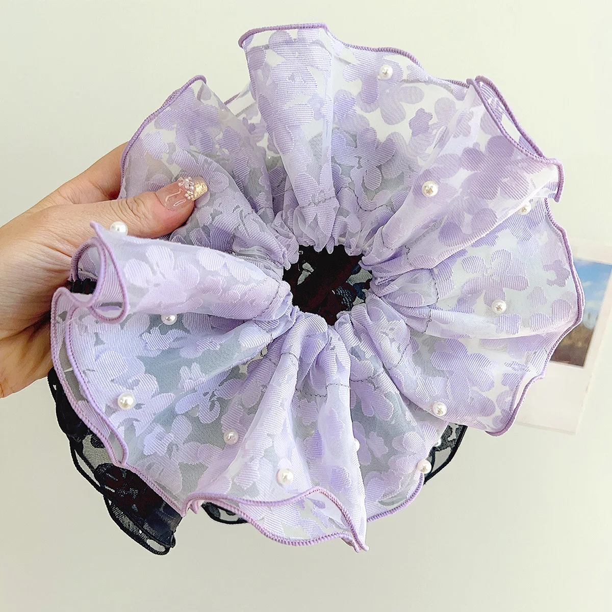 1 Pcs Women's Hair Scrunchies Mesh Pearl Double-layer Lace Sweet Cute Fashionable Hairbands Elegant Gentle Hair Accessories Girl