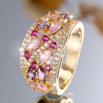 Pink Purple Crystal Water Drop Stone Engagement Rings For Women Vintage Gold Color Wedding Bands Birthstone Jewelry Party Gifts