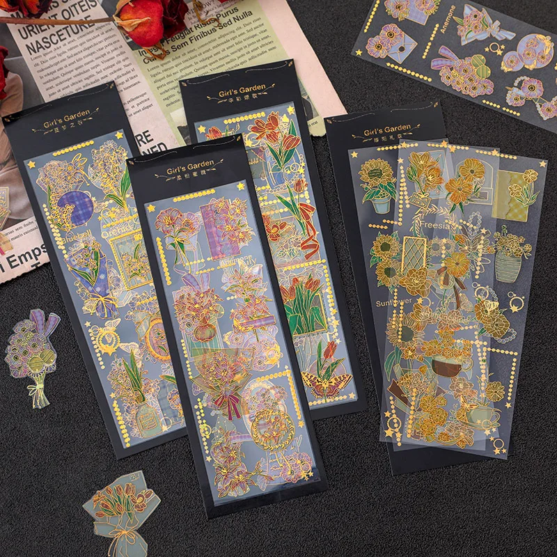 

40 pack/lot Vintage Flowers Stickers Cute Gold Stamping Stickers Decorative Stationery PET Sticker Scrapbooking DIY Diary