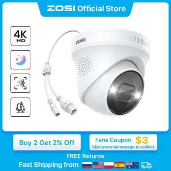 ZOSI 4K PoE IP 카메라, HDR 애드온 카메라, AI 인간 감지, 100ft 야간 투시경, IP66 야외 비디오 감시 카메라, H.265 + 8MP, 5MP