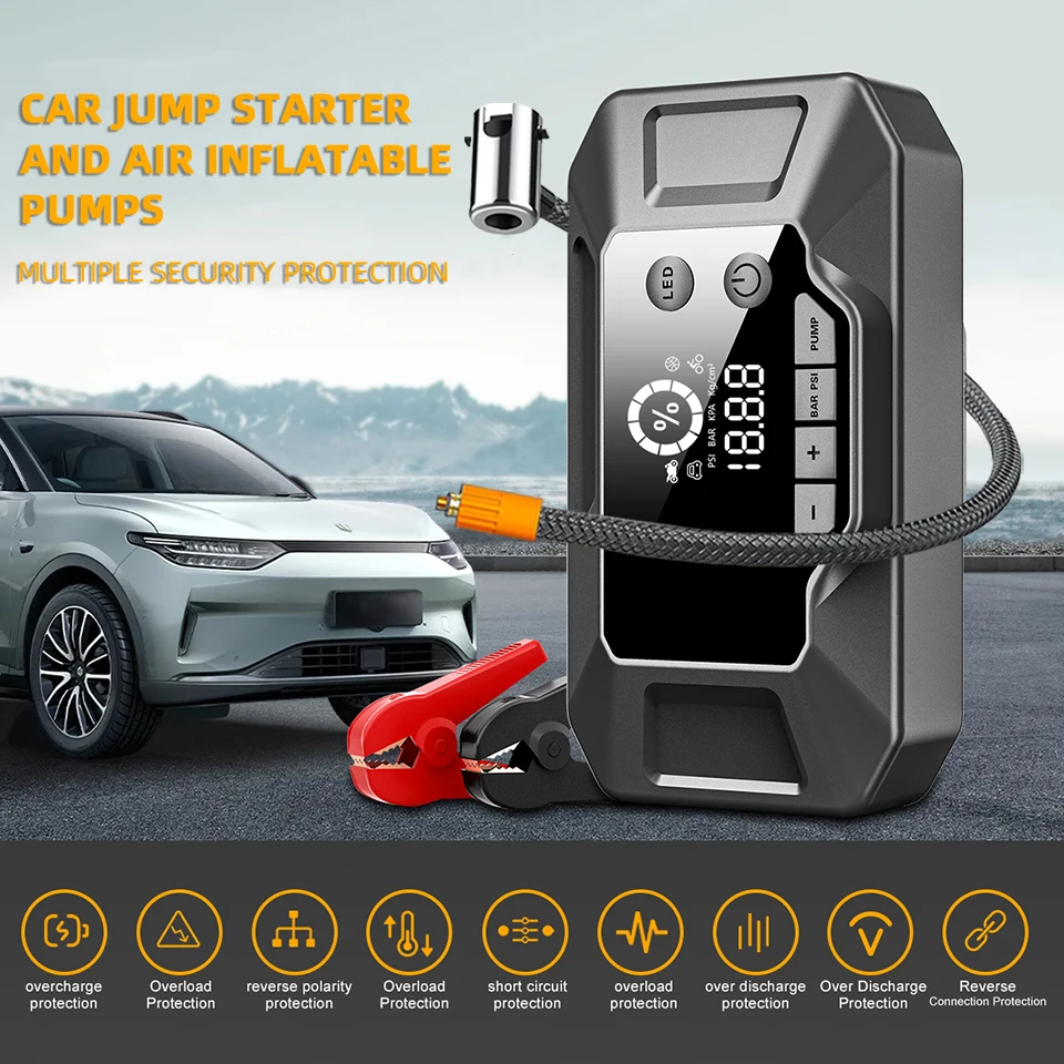 E-ACE150 PSI Fast Emergency Power Bank Car Clip Auto Igniter Jump Starter Tire Inflator Air Compressor USB Rechargeable