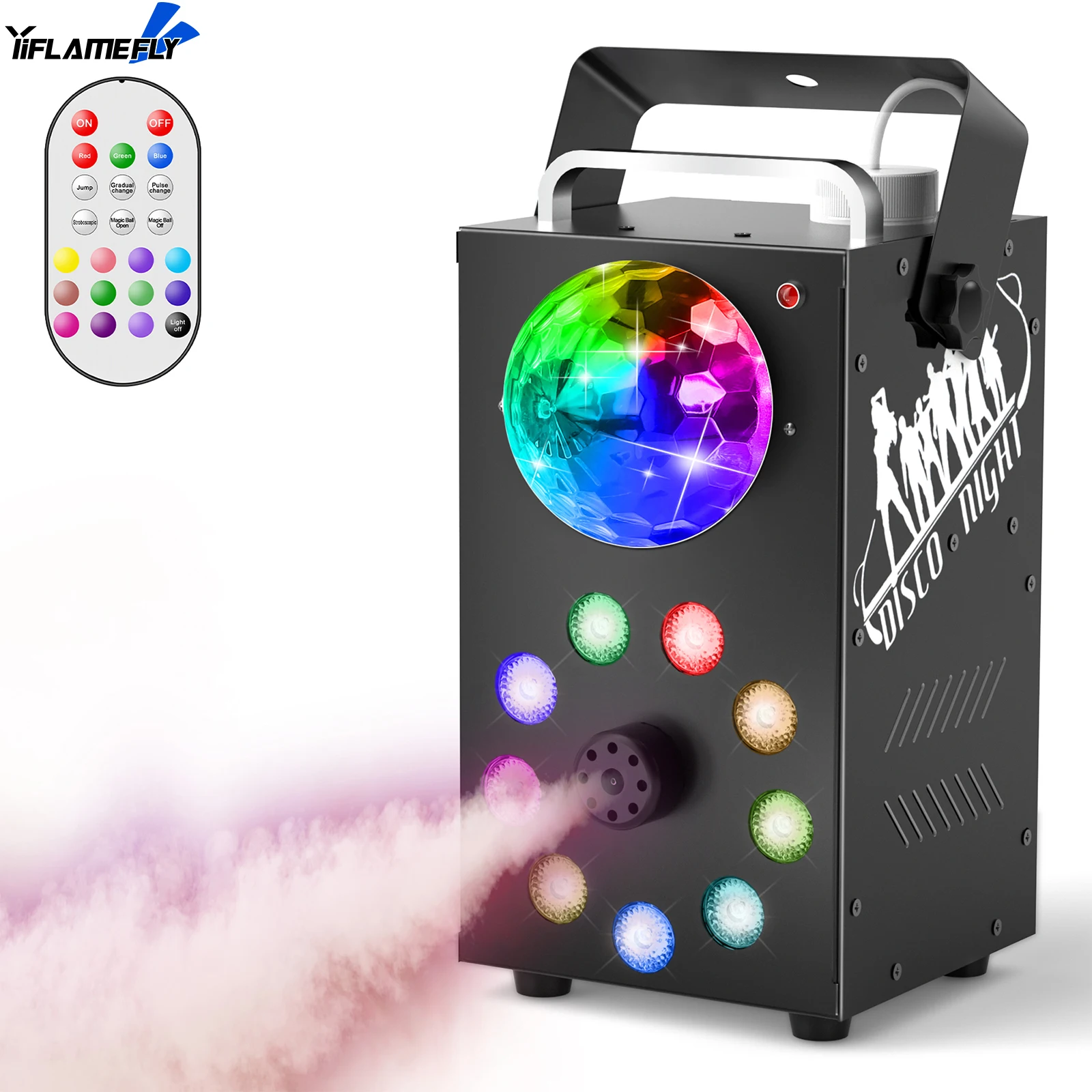 Yiflamefly 700W Smoke Machine DJ Remote Fogger Ejector Concert 4 in 1 Fog Machine Disco Mirror Ball LED Light Party Bar Fogger