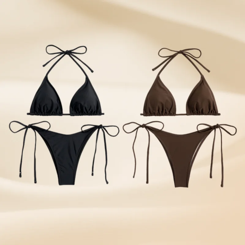 Sexy Brown Bikini Women Halter Neck Solid Black Padded Bra Tie Side Triangle Swimsuit Summer Bathing Two Pieces Suit Swimwear