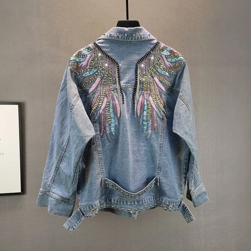 

2023 New Autumn Fashion Rivet Woman Denim Jacket Long Sleeve Female Jackets Jeans Coat Beading Tassel Denim Coat Outerwear