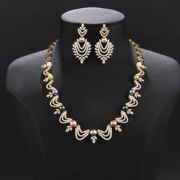 Beautiful Fashion White Cubic Zirconia Colour Pearl Necklace Bridal Wedding Jewelry Set for Women Party Jewelry Gift