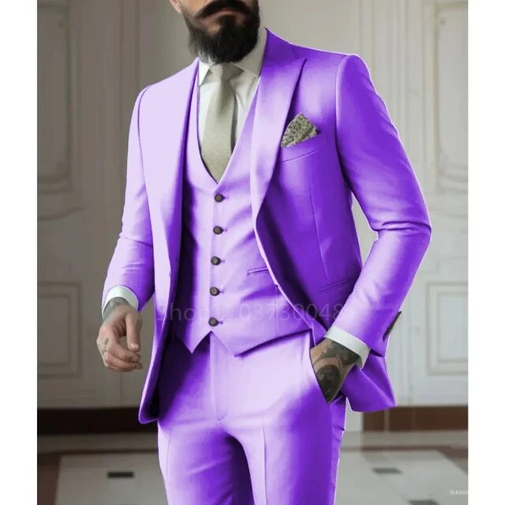 Latest Solid Formal Men's Suit Slim Fit Elegant Groom Tuxedos Wedding Business Party Suits 3 Pieces Sets (Jacket+Vest+Pants)