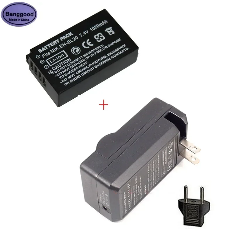 

7.4V 1020mAh EN-EL20 ENEL20 Camera Battery + AC Charger For Nikon EN-EL20a MH-27 MH-29 Coolpix A DL24-500 1 AW1 J1 J2 J3 1S1 1V3