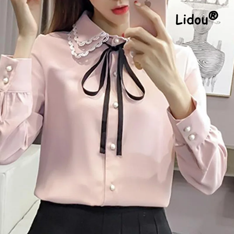 Fashion Solid Color Butterfly Knot Single-breasted Blouse Women New Long Sleeve Classic Double-layer Korean Chiffon Shirt 2022