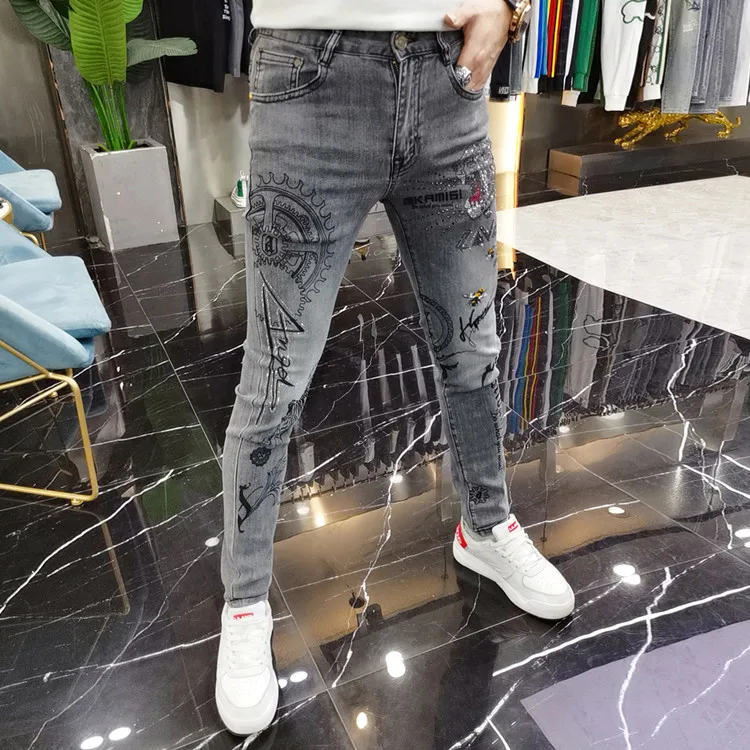 New Spring Winter High Quality Designer Hot Drill Cheap Brand Men's Pants Luxury Clothing Cowboy Brushed Denim Male Slim Jeans