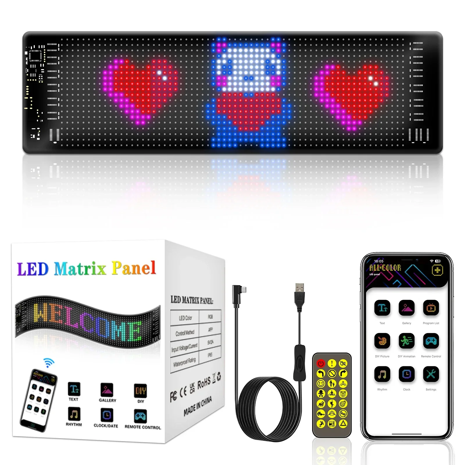 LED Display Full Color Bluetooth Connection Mobile APP Electronic Advertising Screen Flexible USB Car Screen