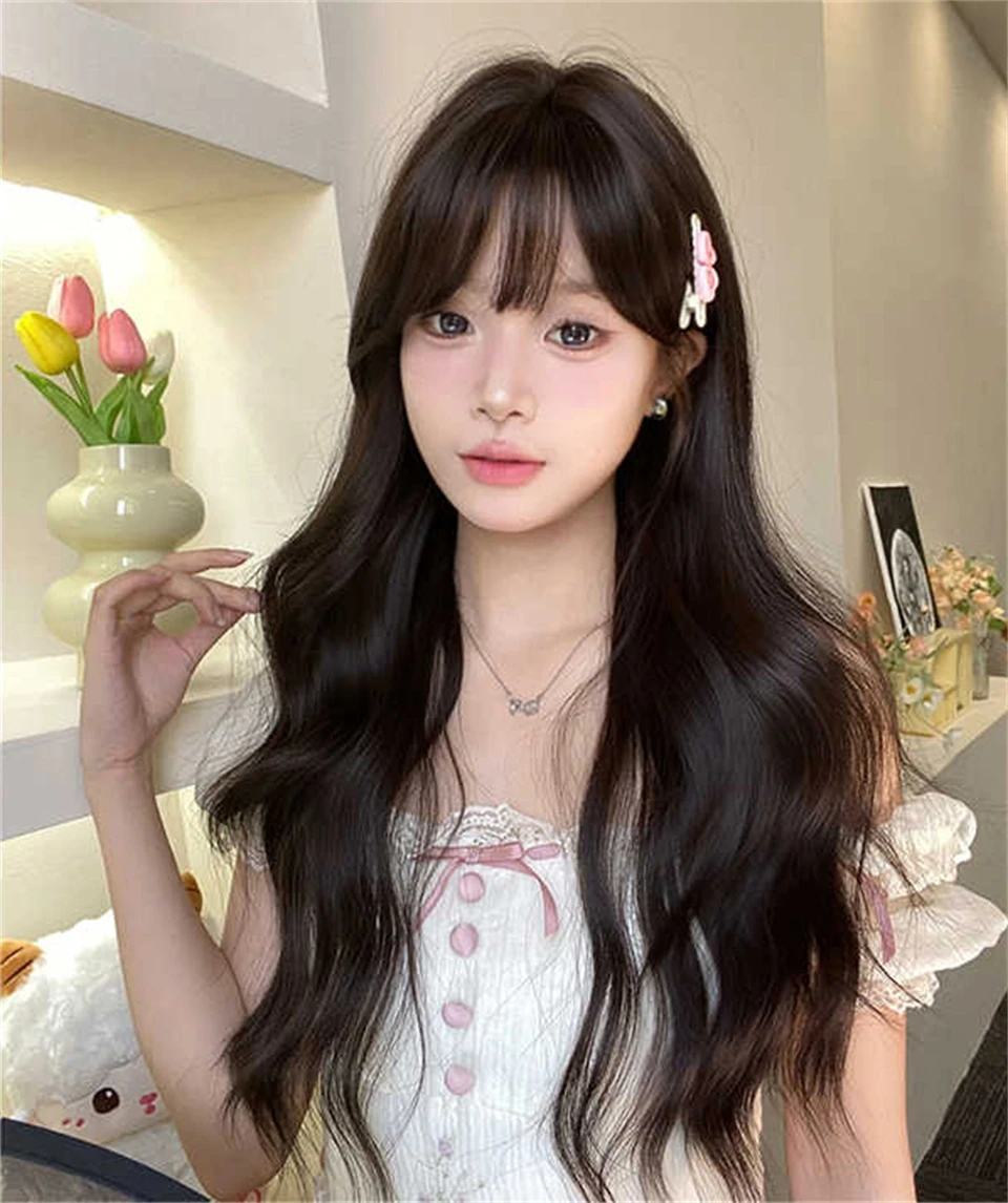 Synthetic Brown Long Deep Wave Wig For Women With Bangs