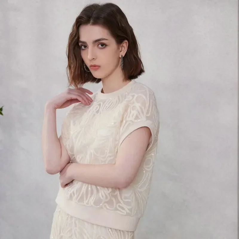 

2024 Spring and Summer New Silk Sequin Embroidered Short-sleeved Exquisite Women Tops