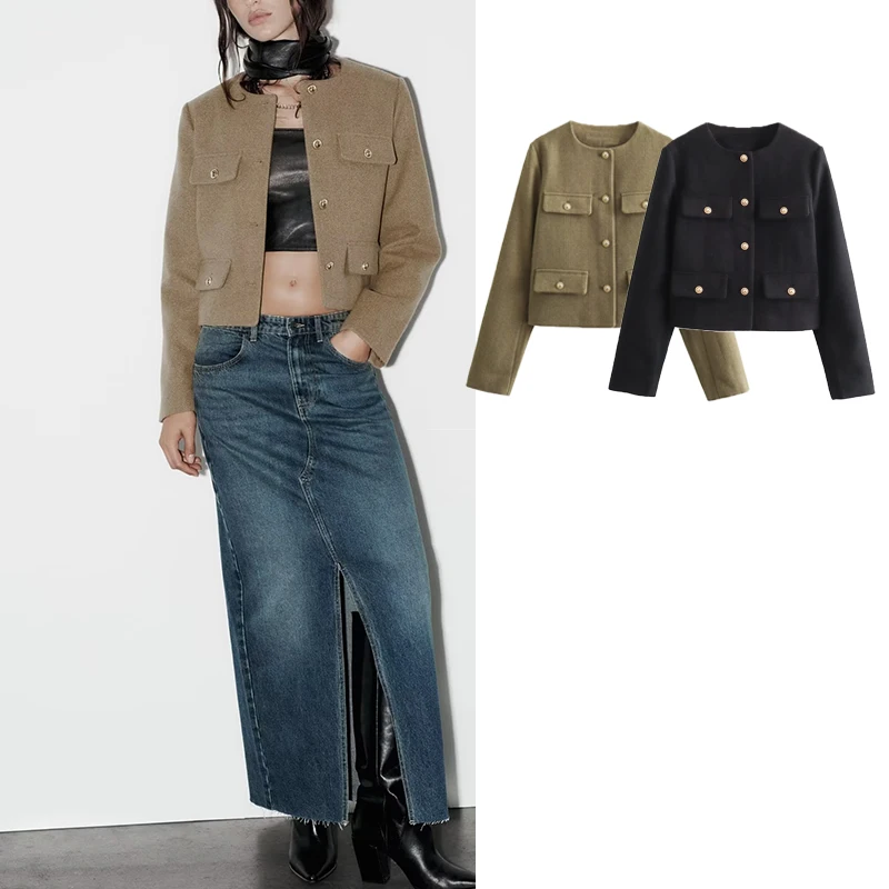 

TRAF Cropped Blazers for Women Golden Button Jacket Women Streetwear Textured Blazer Woman2023 Autumn Long Sleeve Blazer Women