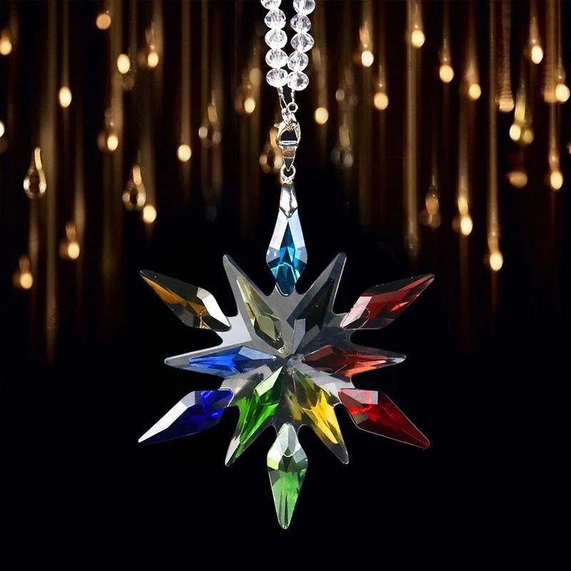 Rainbow Christma Snowflake Arrowhead Flower Crystal Pendant Aurora Dangle Faceted Prism Glass Fairy Garden Balcony Hanging Decor