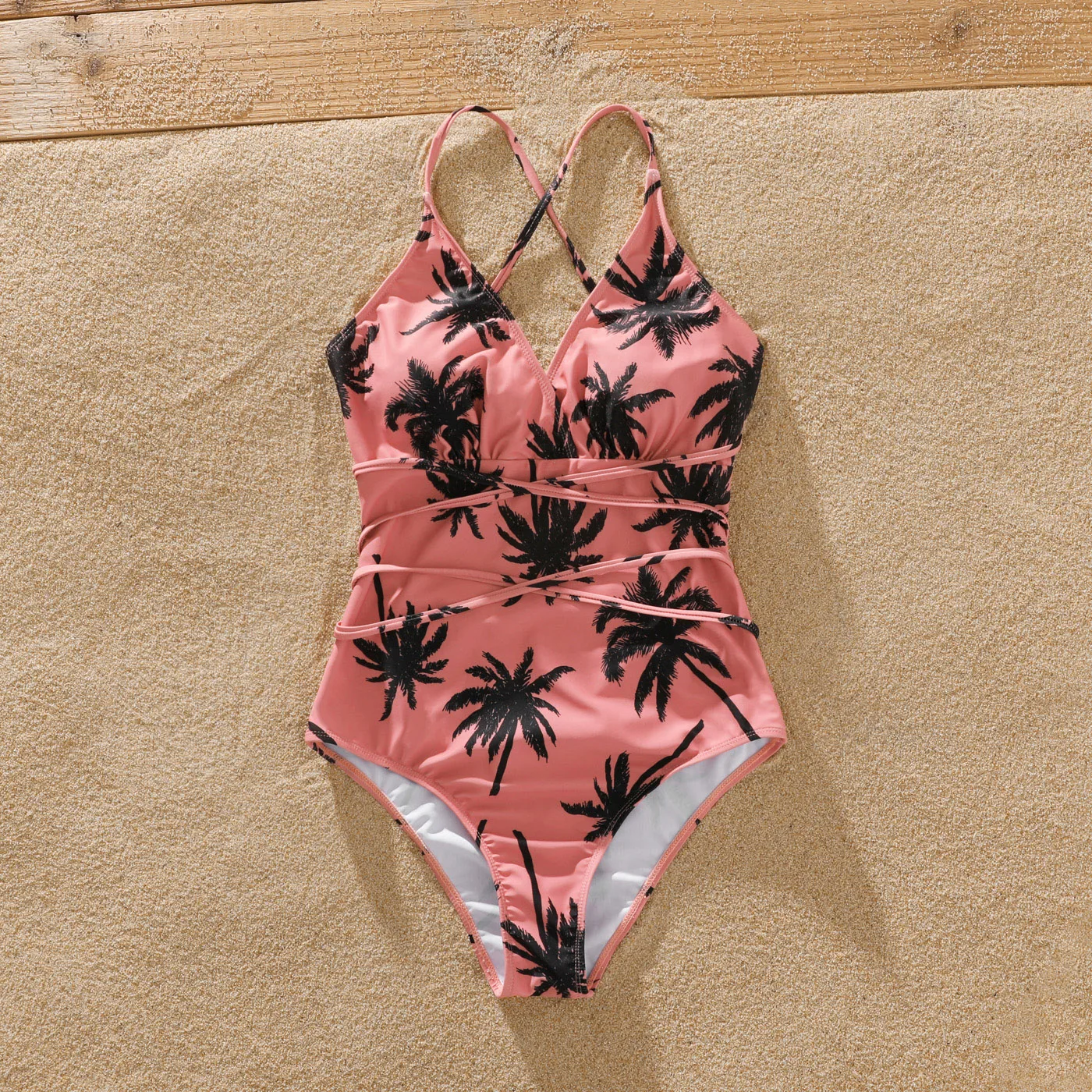 PatPat Family Matching Swimsuit All Over Coconut Tree Print Pink Swim Trunks Shorts and Spaghetti Strap One-Piece Swimsuit 2
