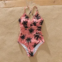 PatPat Family Matching Swimsuit All Over Coconut Tree Print Pink Swim Trunks Shorts and Spaghetti Strap One-Piece Swimsuit 2