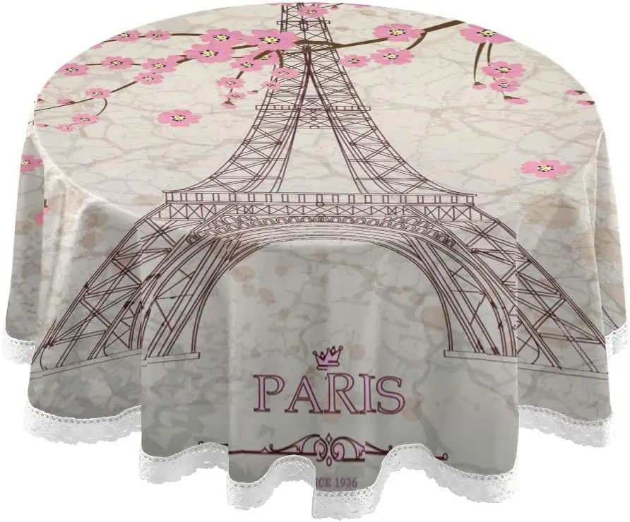 

Eiffel Tower Paris Round Tablecloth Romantic Spring Cherry Blossom Table Cloths Cover Washable Polyester Tabletop Runner Decor