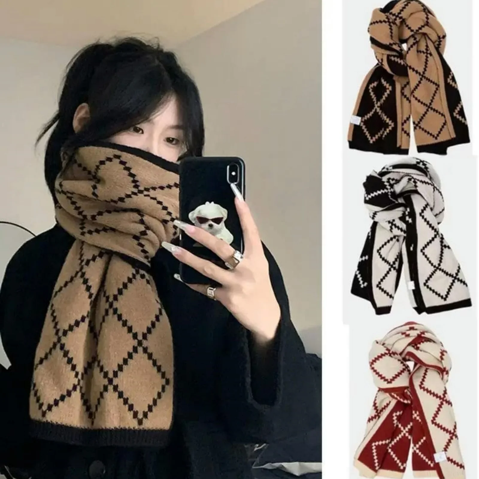 1PC  Double-sided Argyle Scarf Burgundy Beige Knitted Warm Winter Fashion Accessory For Women Men Cozy Soft Neck Warmer