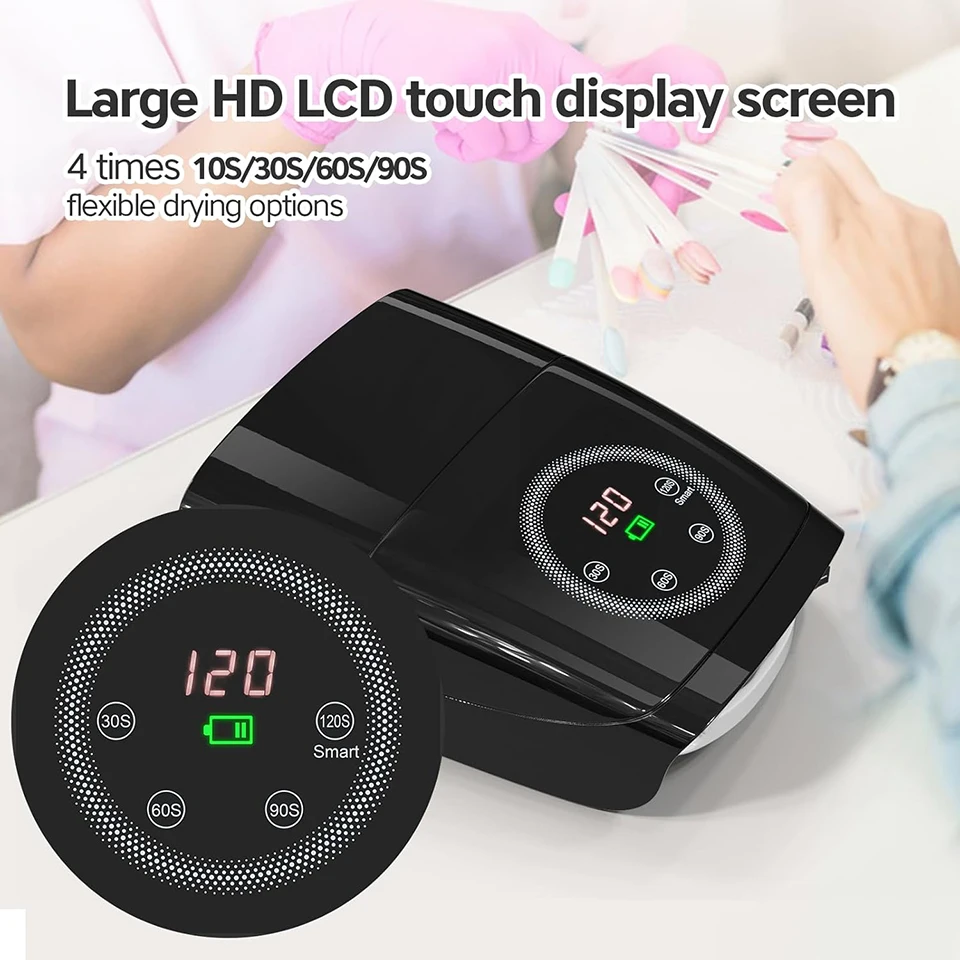 132W 네일 램프 무선 네일 램프 15600mAh 젤 네일 램프 대형 터치 스크린 4 타이머 & 자동 센서 블랙