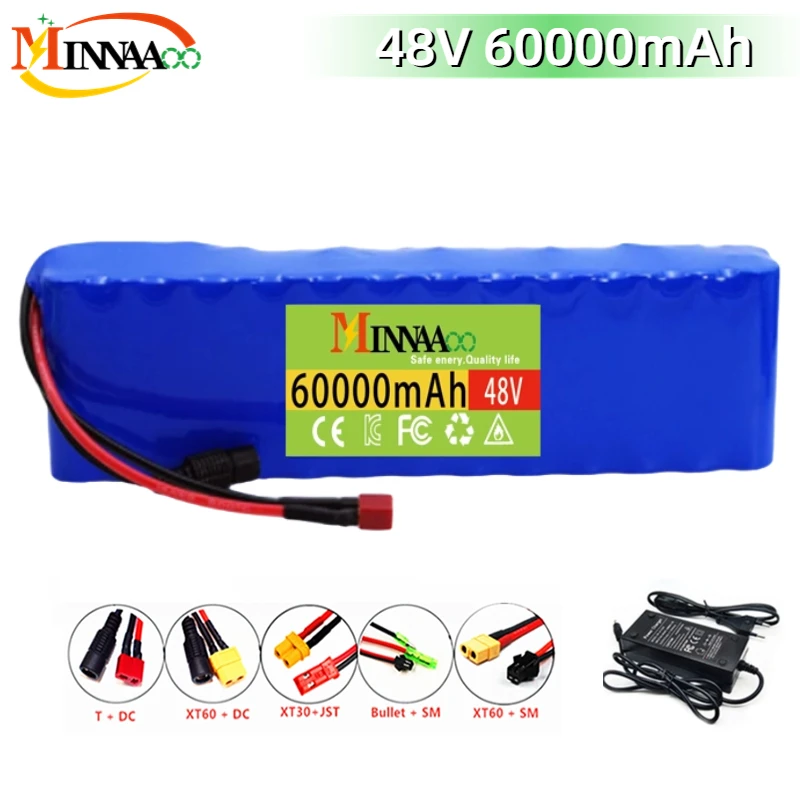 

High Capacity 13S2P 48v 60Ah 18650 Li-ion Battery for Bafang Electric Bike Retrofit Kit 1000w 54.6V 2A Charger + XT60 Plug