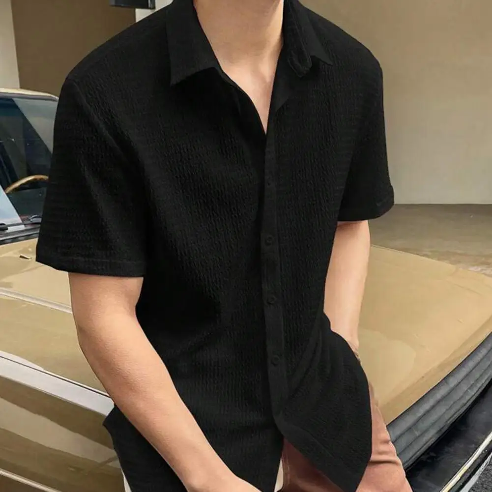 

Lightweight Shirt Water Ripples Shirt Stylish Men's Water Wave Texture Shirt Single-breasted Loose Fit Short Sleeves for Summer