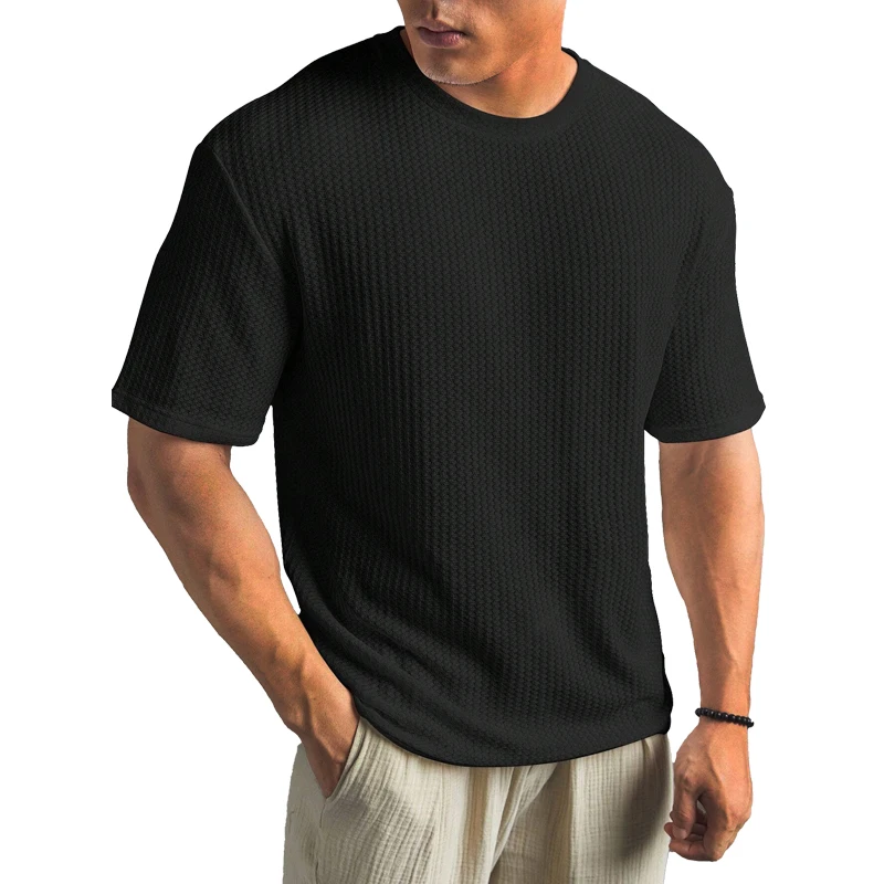 New Summer Waffle Round Neck Short Sleeved T-shirt for Men's Short Sleeved Top Oversized 12 Colors