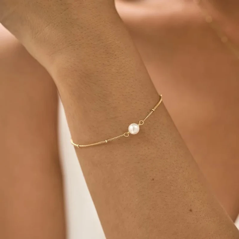 New Minimalist Single Imitation Pearl Bracelet Stainless Steel Hypoallergenic Chain Bead Bracelets Elegant Jewelry Gift for Her